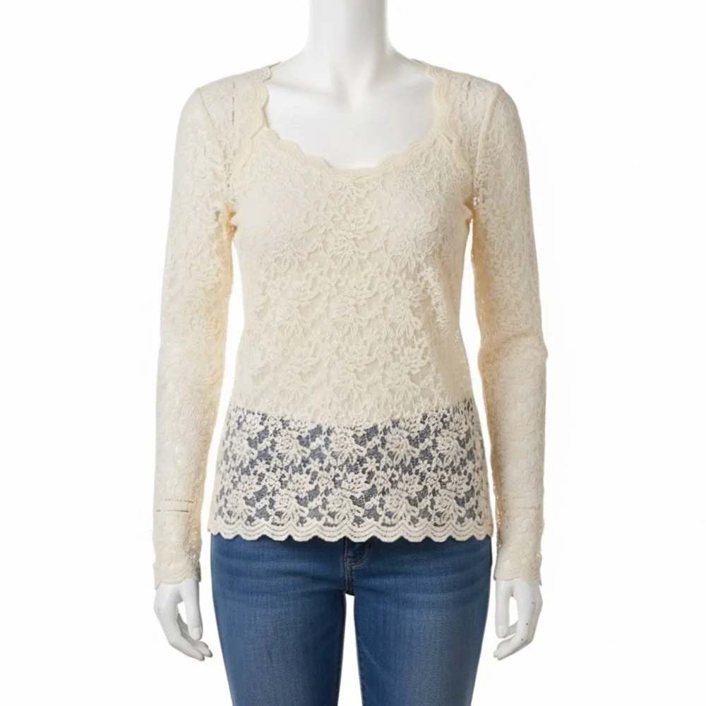 GUESS Ivory Lace Sweetheart Neck Long sleeve Sheer Blouse Women's Size XL